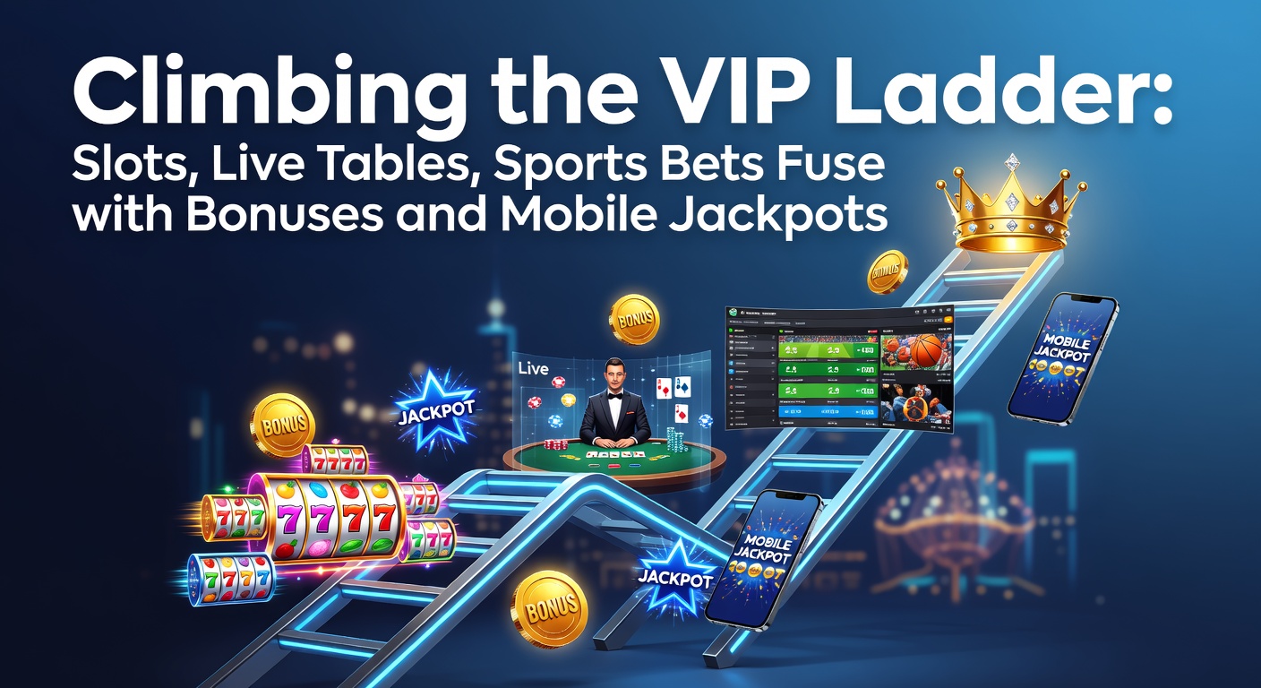 Speler beklimt VIP-ladder met slots, live tafels, sportweddenschappen en schitterende mobiele jackpots in een online casino-omgeving