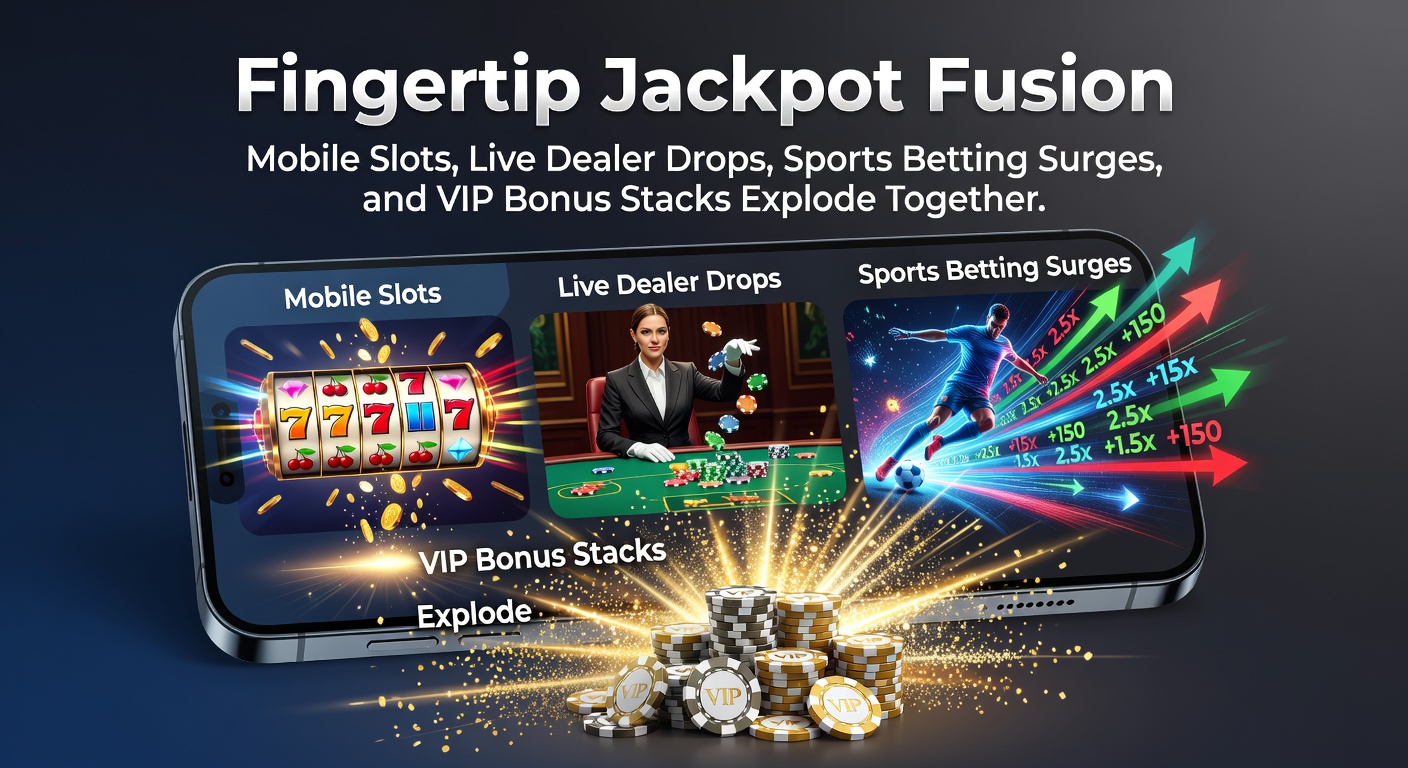 Mobiele telefoon met draaiende slots, live dealer tafels en sportweddenschappen op één scherm, VIP bonussen knipperen op de achtergrond