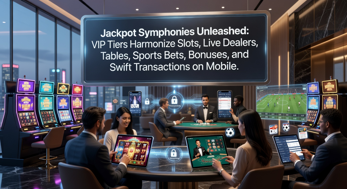 Vibrante weergave van een mobiel scherm met jackpot-slots, live dealer tafels en VIP-bonussen die in harmonie draaien