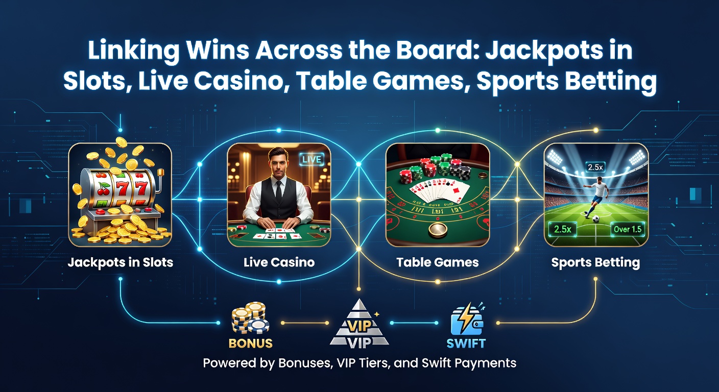 Schitterende jackpot-animatie met slots, live dealers en sportweddenschappen die samenkomen in een web van bonussen en snelle geldstromen