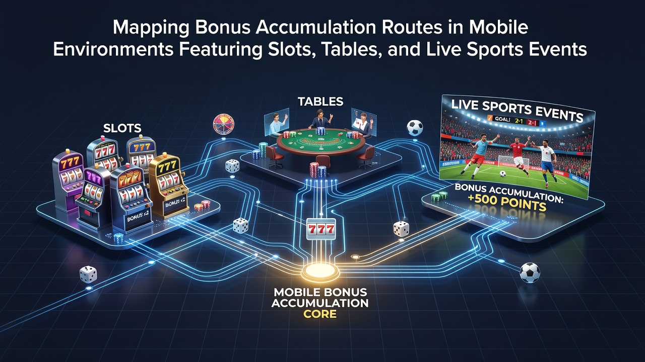 Mobiele interface met slots, tafelspellen en sportweddenschappen waar bonusroutes worden gevolgd