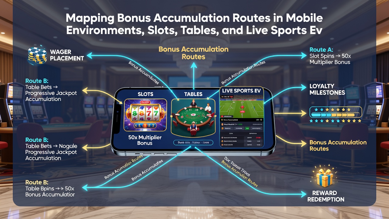 Grafiek die bonusaccumulatieroutes toont over mobiele slots, tafels en sportweddenschappen