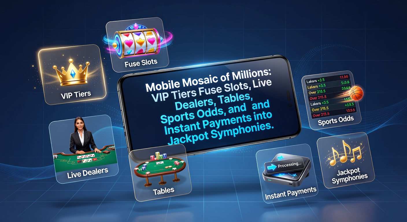 Mobiele scherm met VIP-tiers, slots, live dealers en jackpot-tellers die oplichten in een dynamisch casino-omgeving