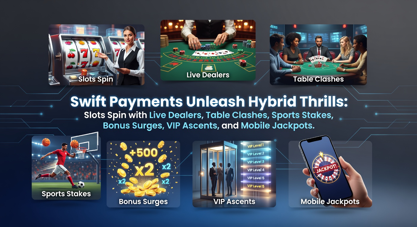 Schermafbeelding van een dynamisch online casino platform met draaiende slots, live dealer tafels en sportweddenschappen, verlicht door snelle transactie-iconen