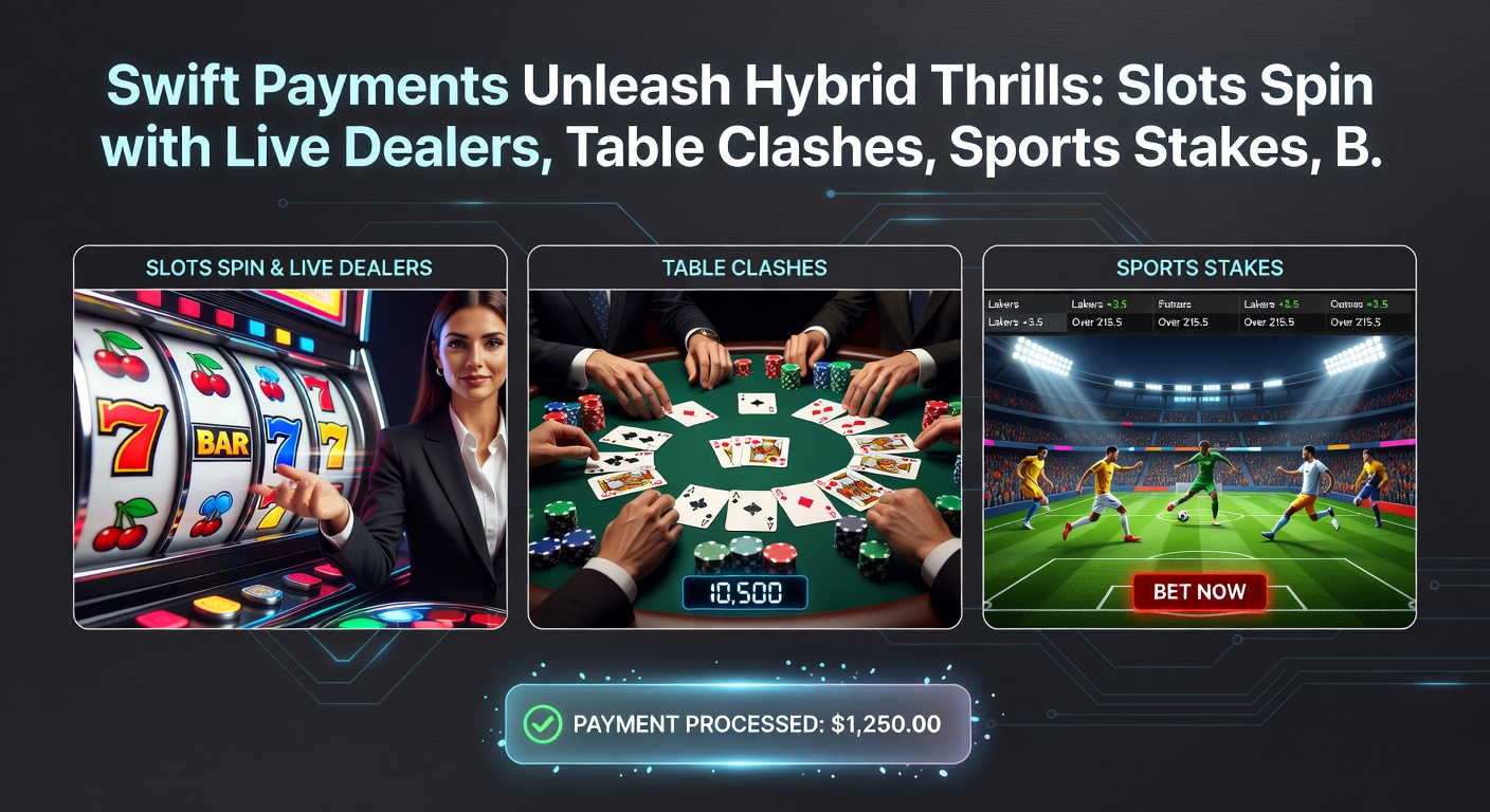 Dynamische weergave van een mobiel scherm met overlappende slots, live dealer streams, sportweddenschappen en jackpot meters, met bliksemsnelle betaaliconen