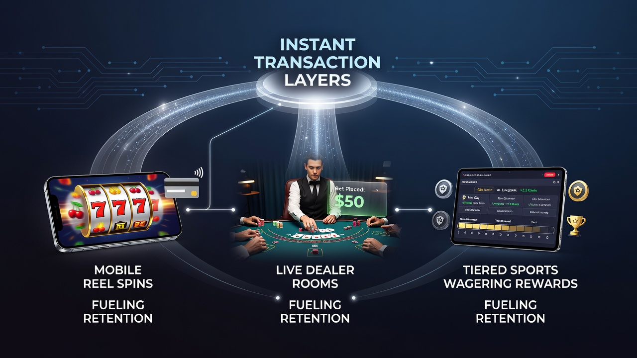 Illustratie van snelle transacties die retentie stimuleren in mobiele gokomgevingen met slots en live tafels
