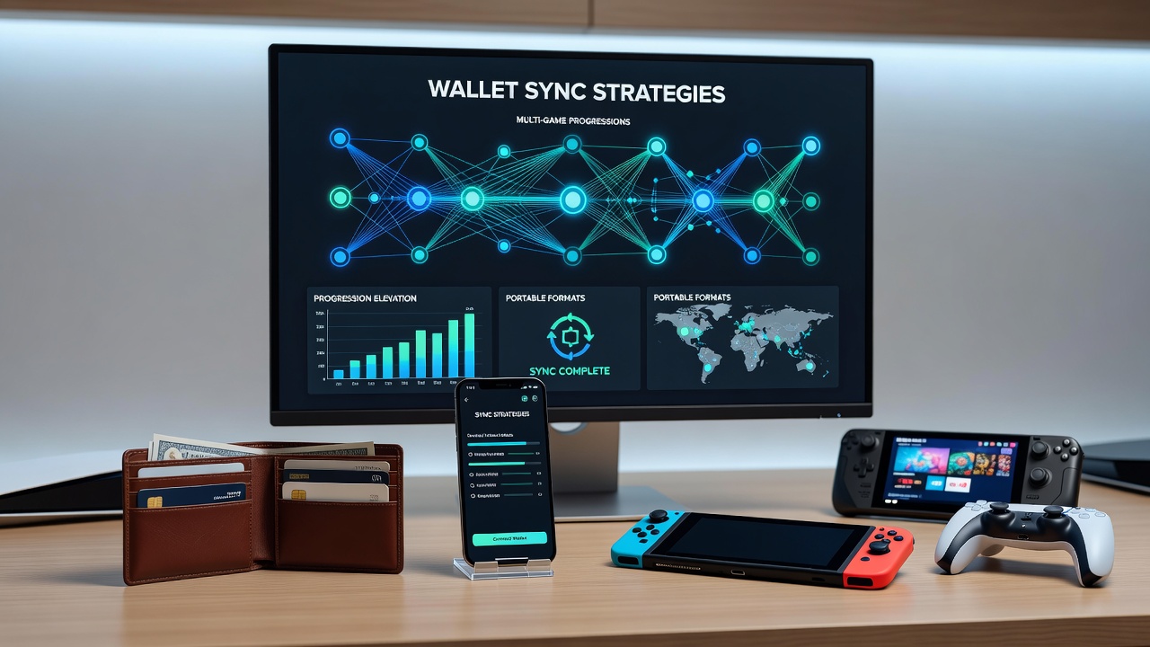 Diagram dat toont hoe wallet sync multi-game voortgang faciliteert op smartphones en tablets